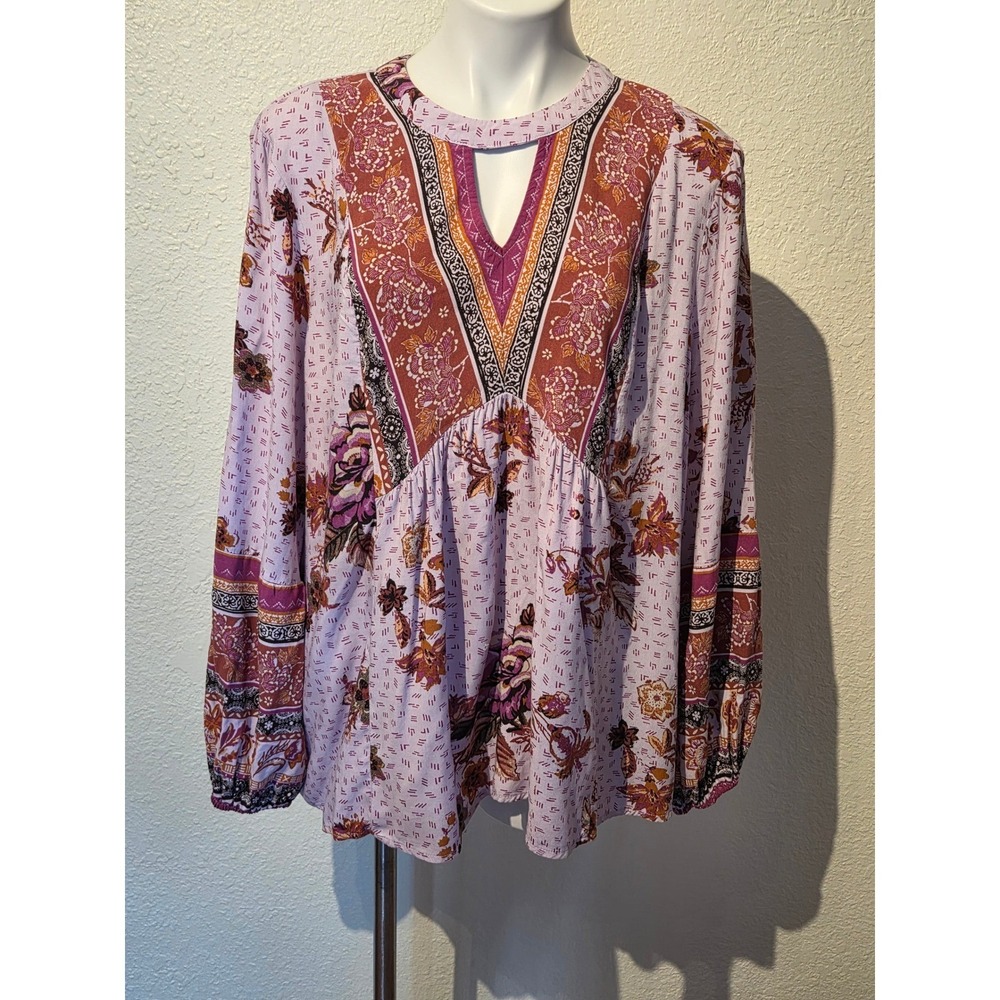 Maurices Womens 1X Boho‎ Floral Babydoll Blouse Purple Long Sleeve Keyhole Top